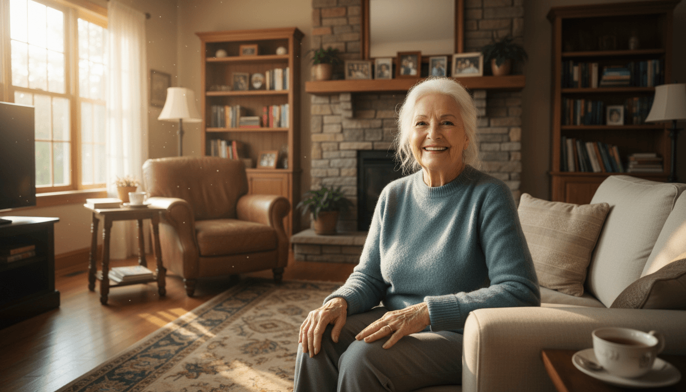 Older adult smiling at home in a comfortable living room with warm natural light