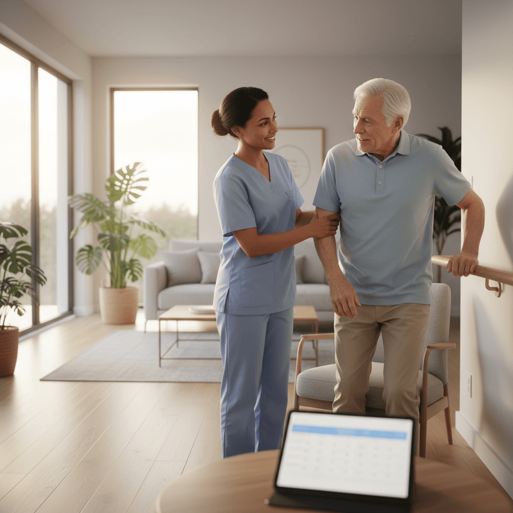 Smiling senior receiving supportive assistance in a warm, comfortable home setting
