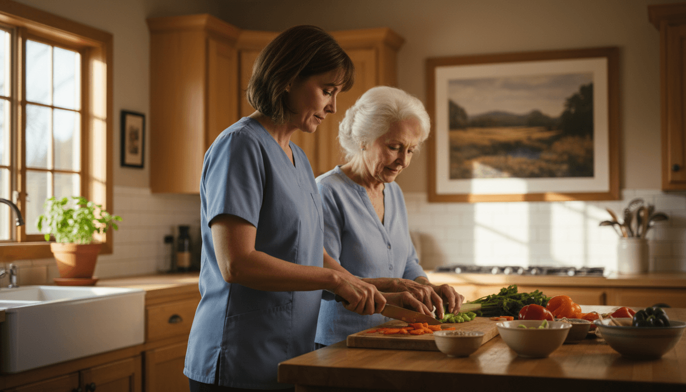 A warm, welcoming moment between a caregiver and client in a bright, comfortable home setting